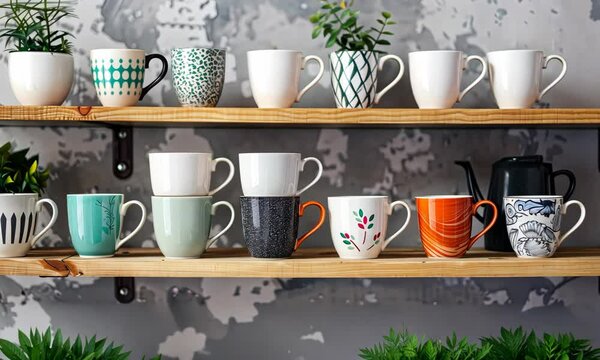 Assortment of decorative ceramic mugs on wooden shelves against a textured wall