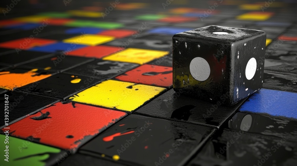 Aufkleber abstract 3d dice on a colorful surface created with liquid paint splashing in an artistic and dynami