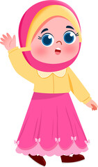 Cheerful Cartoon Girl in Pink Hijab and Dress Waving