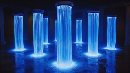 Glowing columns with cascading blue light