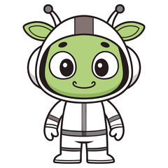 Cartoon Green Alien with Antennae in Space Suit on a Transparent Background