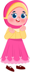 Joyful Girl in Pink Hijab and Dress, Delicate Illustration