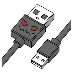 Gray USB Cable with Devil Face Design on White Background Isometric View
