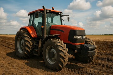 Bright Orange Tractor on Agricultural Field Under Blue Sky