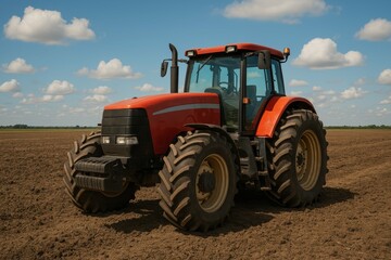Obraz premium Bright Orange Tractor on Farm Field Under Blue Sky and Clouds
