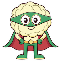Smiling Cartoon Cauliflower Superhero With Cape and Mask on White Background