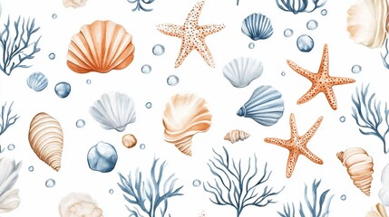 Watercolor seamless pattern with seashells, starfish and seaweed design