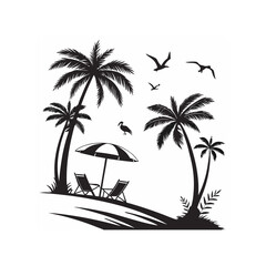 Obraz premium Black and White Beach Silhouette, Palm Trees, Thatched Umbrella, and Pelican Illustration. 