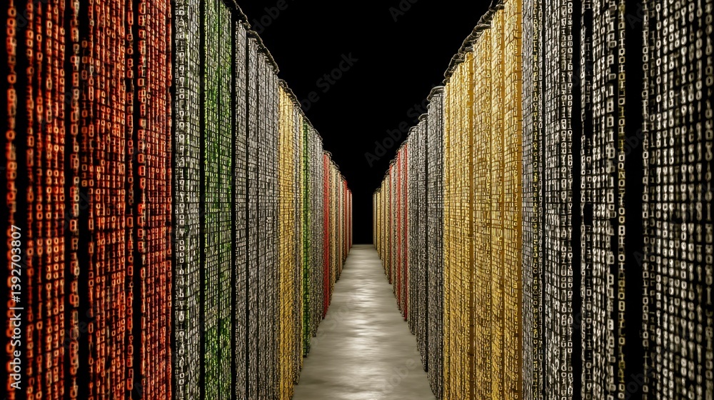 Poster illuminated pathway with multicolored patterned walls, creating a mesmerizing and mysterious atmosph
