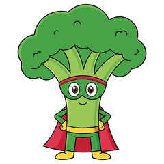 Cartoon Superhero Broccoli Character in Red Cape Isolated on White Background Design