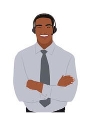 Young customer service representative with headset. Call center worker. Smiling handsome man wearing office formal outfit. Cartoon male character vector realistic illustration isolated on white.