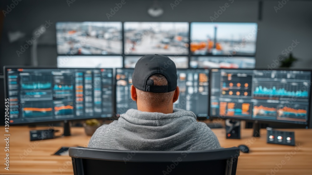 Poster man in gray hoodie and black cap sits before multiple monitors displaying data and video feeds in a 