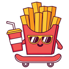 Cartoon French Fries Mascot With Sunglasses On Skateboard With Soda Cup