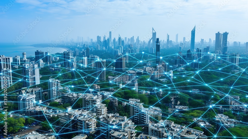Leinwandbilder abstract futuristic smart city concept with glowing digital network connections over blue metropolis