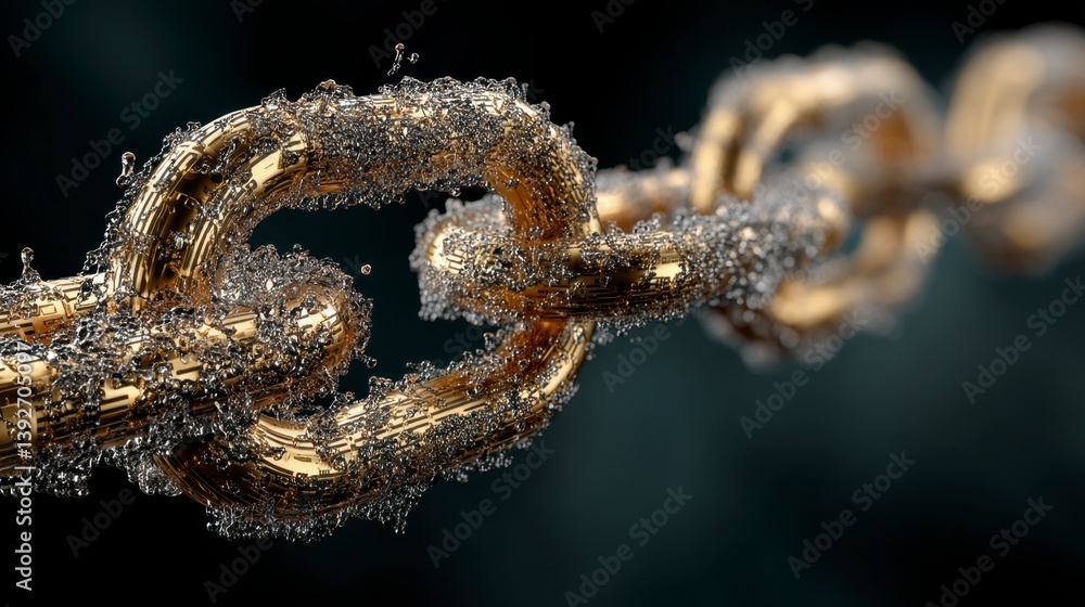 Poster close up of a gold chain with metallic particles, dark background. abstract connection concept.