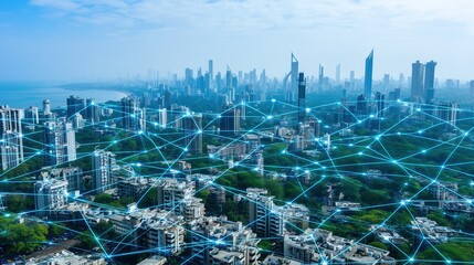 Abstract futuristic smart city concept with glowing digital network connections over blue metropolis skyline, top view of interconnected urban infrastructure with data transfer visualization. Technolo