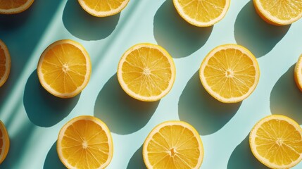 Fototapeta premium Overhead shot of sliced citrus fruits on pastel background, flat lay