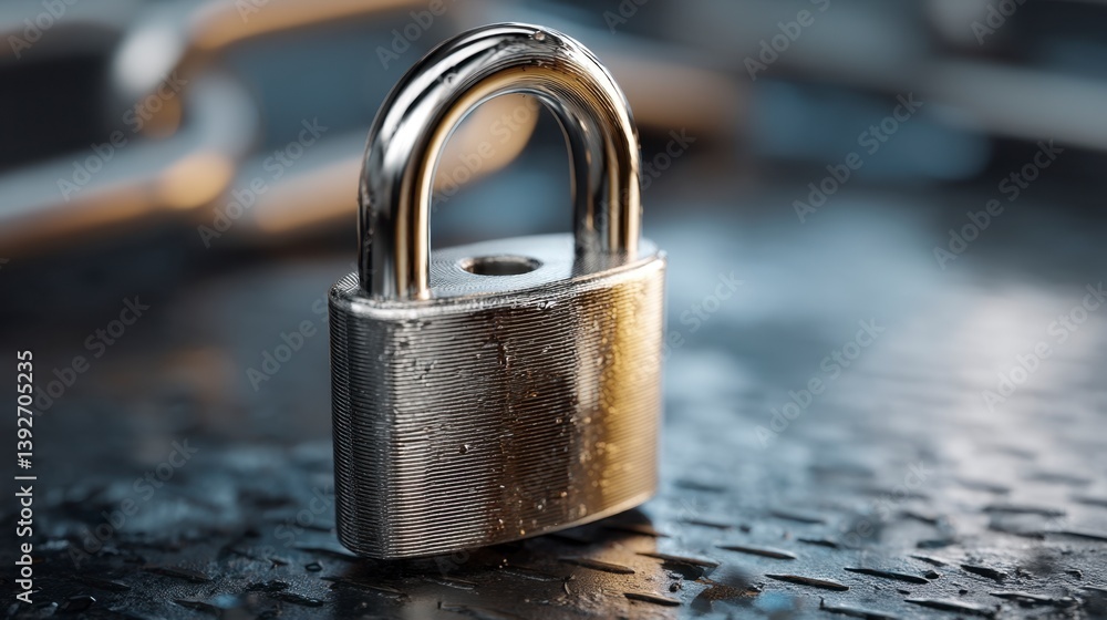 Poster close up of a metallic padlock on a dark textured surface, shallow depth of field.
