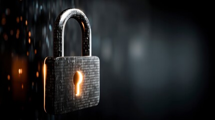 Close up of a metallic padlock with glowing keyhole against a dark, textured background.