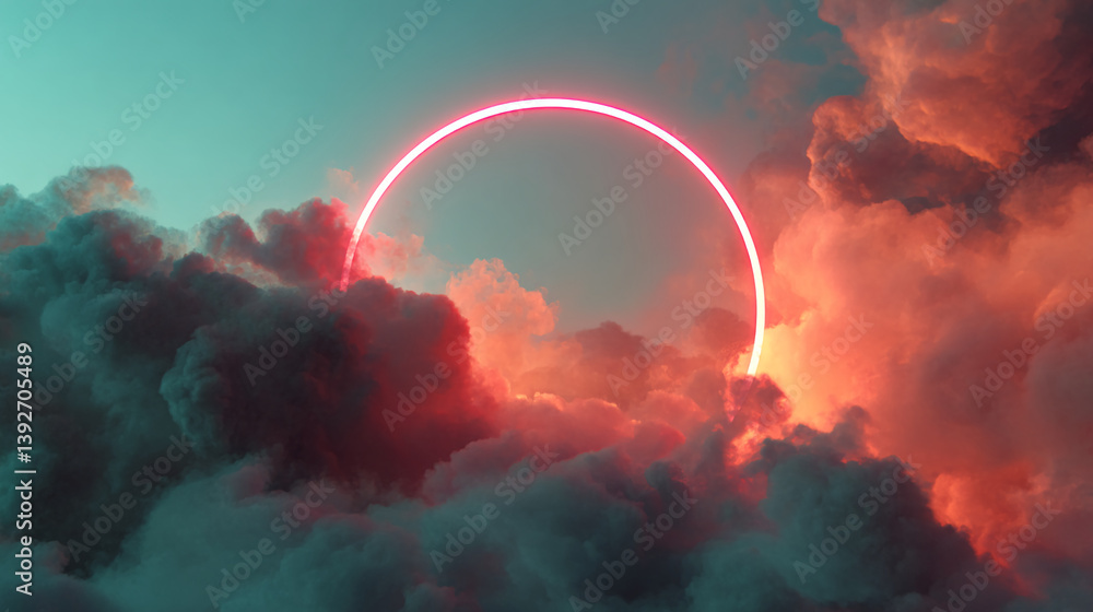 Poster red neon ring in teal and orange cloudscape, creating a surreal, dreamy atmosphere, showcasing a bla