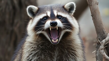 A fierce raccoon bares its teeth in a close-up, displaying a dramatic and slightly intimidating expression amidst blurred foliage