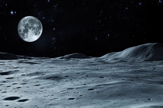 Bright full moon illuminates the lunar surface against a starry night sky
