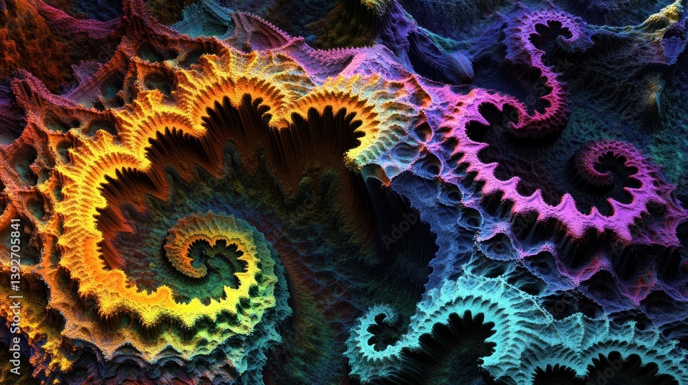 Poster vibrant fractal spirals in a dynamic abstract composition with vivid colors