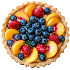 Obraz premium classic fruit tart featuring vibrant strawberries, blueberries, and peaches, beautifully arranged on golden crust