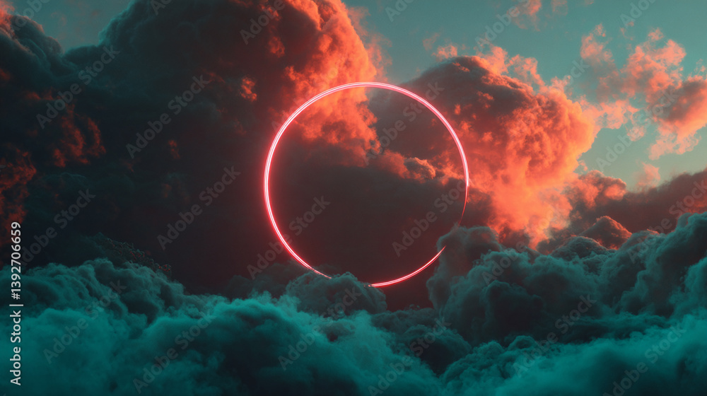 Poster Red neon ring in teal and orange cloudscape, creating a dramatic, atmospheric scene suitable for a backdrop or design element showcasing mystery and vastness