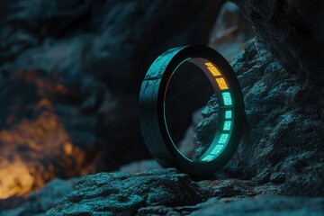 Futuristic glowing ring rests on a dark, rocky surface, suggesting a portal or technological artifact in a mysterious environment.
