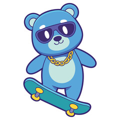 Cartoonish Blue Bear with Sunglasses and Chain Riding Skateboard on White Background
