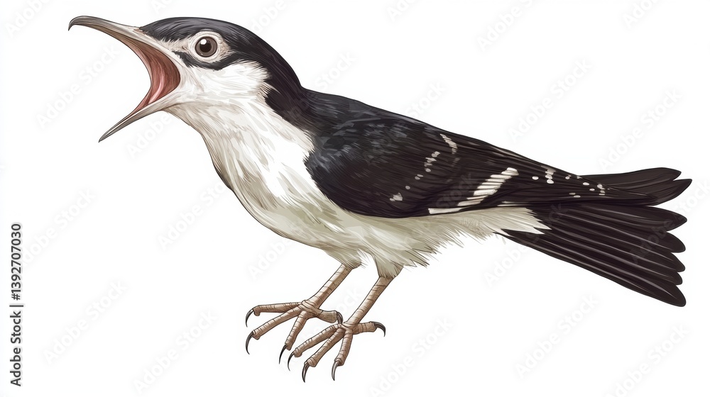 Poster Cuckoo bird calling with open beak, showcasing expressive feathers on a white background