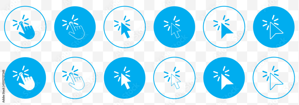 Poster blue cursor click, computer mouse icon set, vector arrow collection on transparent background. eps 1