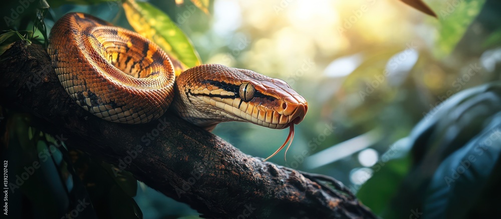 Poster sumatran python coiled on a branch in jungle.