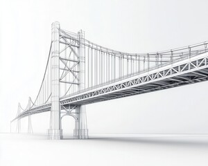 Explodedview technical drawing of a mega bridge, highlighting the main deck, cables, and support towers