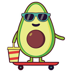 Cartoon Avocado on Skateboard with Soda, Sunglasses and Simple