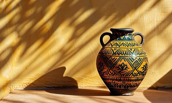 Artistic shadow patterns cast by the sunlight on a vibrant, patterned ceramic vase