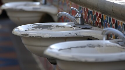 Several old outdoor public water fountains in a row arrangement