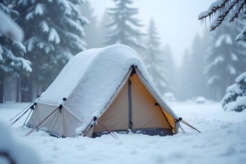 A snow-covered tent with icicles forming on guy lines and branches above.

