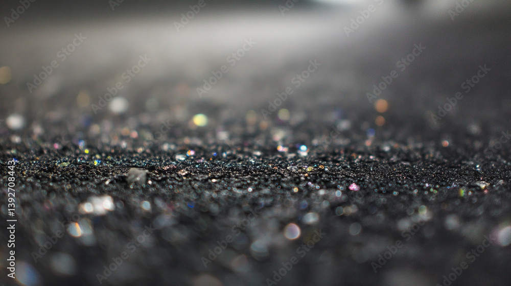 Poster Close-up of dark surface with glittering particles, creating a sparkling texture, representative of luxury, glamour, or festive celebration