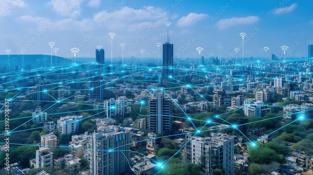 Leinwandbilder Abstract futuristic smart city concept with glowing digital network connections over blue metropolis skyline, top view of interconnected urban infrastructure with data transfer visualization. Technolo