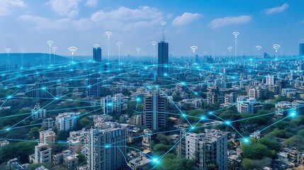 Abstract futuristic smart city concept with glowing digital network connections over blue metropolis skyline, top view of interconnected urban infrastructure with data transfer visualization. Technolo
