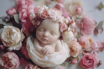 Fototapeta premium Newborn baby surrounded by pink flowers in soft, intimate setting