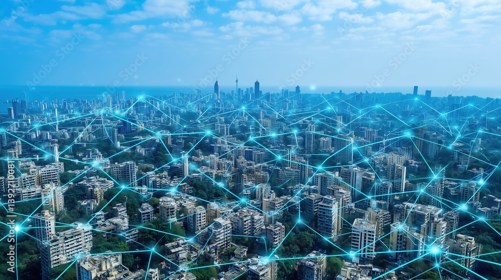 Leinwandbilder Abstract futuristic smart city concept with glowing digital network connections over blue metropolis skyline, top view of interconnected urban infrastructure with data transfer visualization. Technolo