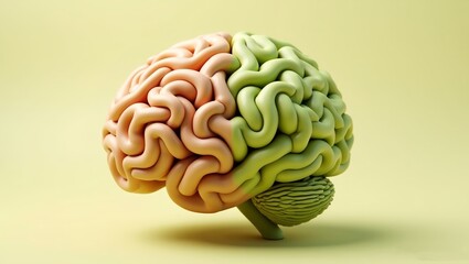 3D render of a conceptual culinary art featuring a human brain shape dessert crafted from creamy hazelnut and pistachio gelato half green and the other half is cream