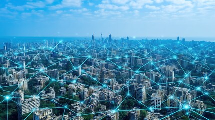 Abstract futuristic smart city concept with glowing digital network connections over blue metropolis skyline, top view of interconnected urban infrastructure with data transfer visualization. Technolo