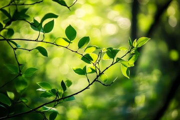 Obraz premium Lush green leaves on branches; blurred forest bokeh background