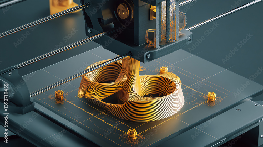 Poster a 3d printer is building a complicated shape by adding material layer by layer.