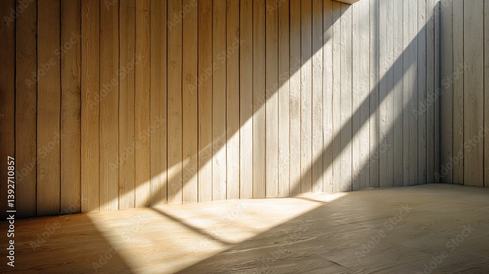 Poster Light wooden wall and floor with sunbeams creating shadows, showcasing a blank space ideal for product display or design mockup