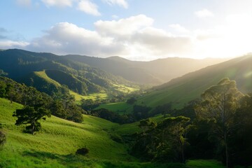 Fototapeta premium Lush valley with sunlight beaming between mountains. Hilly terrain